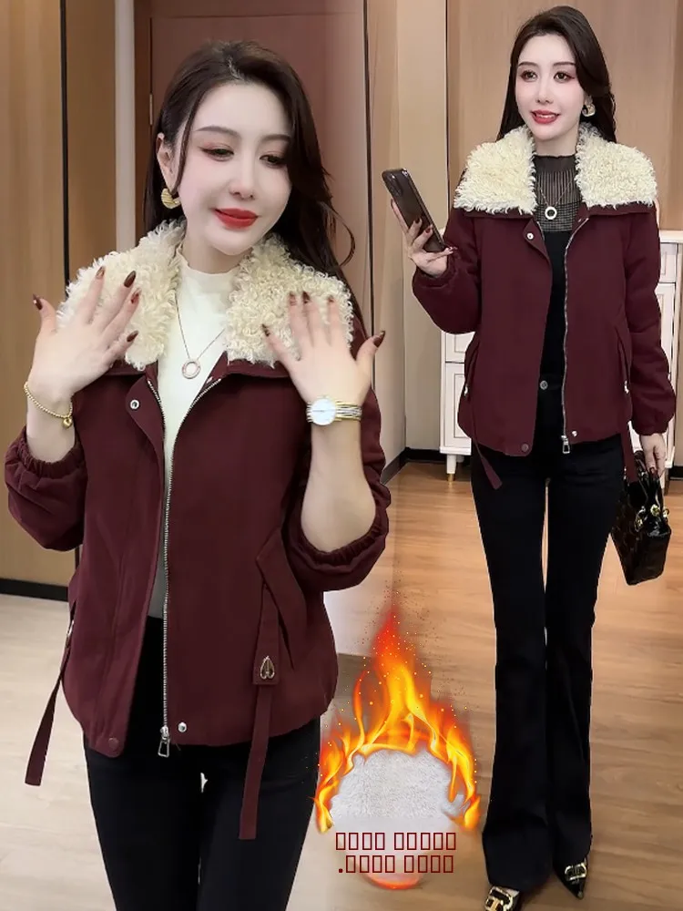 

Ladies Thiened Fce Lined Warmth Puffer Jaet Retro Sle Long Sve Zipper Closure Color Casual Outerwear