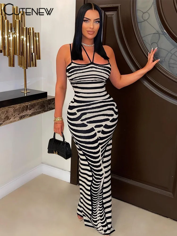 

Cutenew Elegant Stripe Maxi Dress Women Fashion Sexy Halter Backless Lady Long Dresses Girls Robe Party High Streetwear New 2023