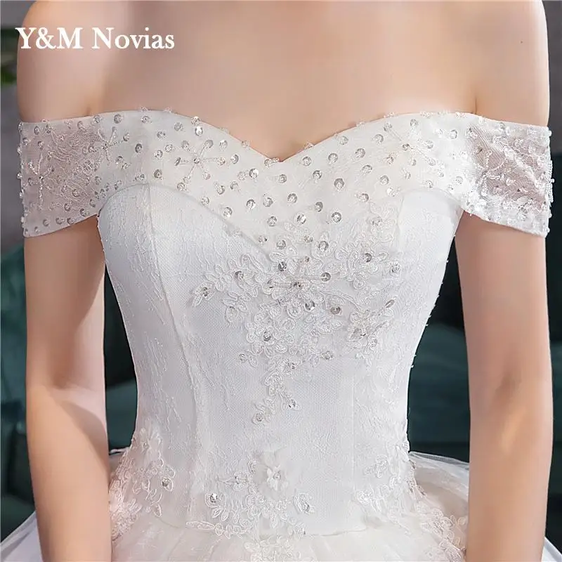 Y&m Wedding Dress 2023 New Elegant Boat Neck for Bride Off The Shoulder Princess Lace Embroidery Wedding Gown Vestidos De Novia