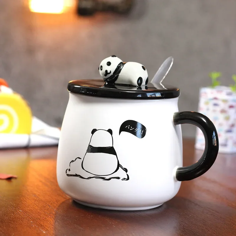 Cartoon Panda Mug Three-dimensional Ceramic Coffee Cup with Lid Spoon Office Home Couple Cup Breakfast Milk Drink