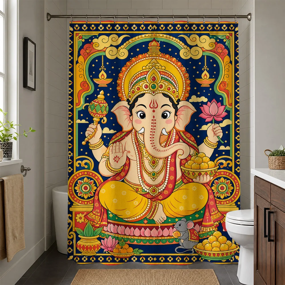 Vibrant Ganesha Lord Hindu Deity Shower Curtain Waterproof Bath Shower Liner Decoration Indian Spiritual Bollywood Ethnic Style