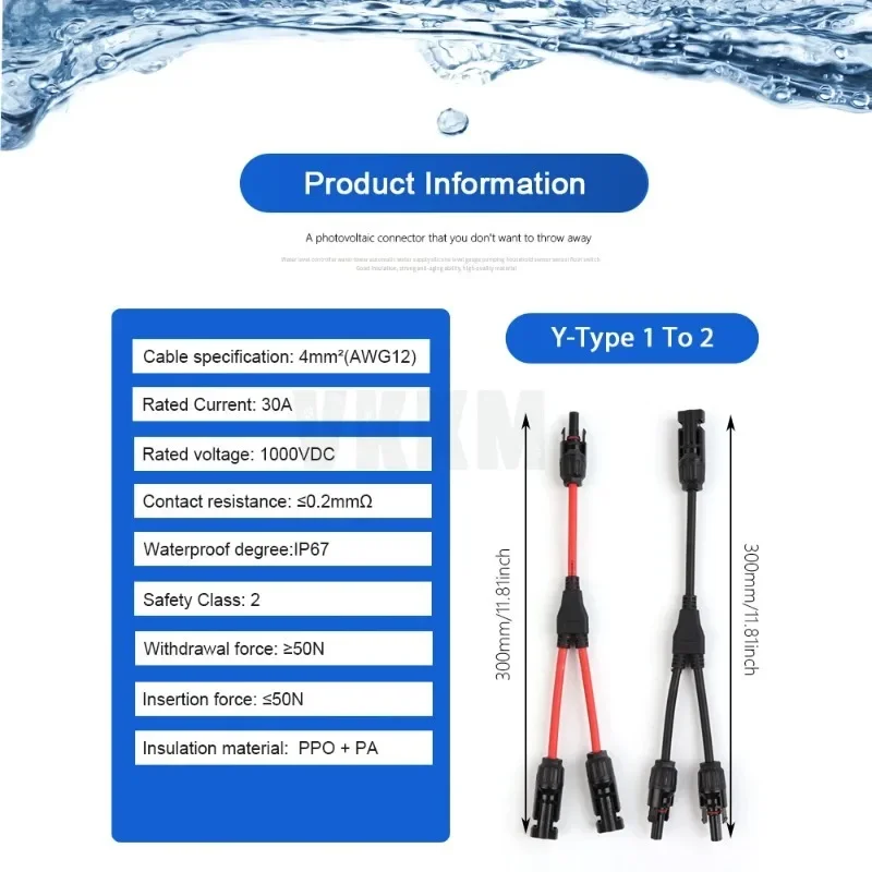 Power Solar Connectors 30A Y-Branch Cable, Solar Cable Parallel Adaptor in Pair for Solar Panel 1*M/FF+1*F/MM black red Power image 2