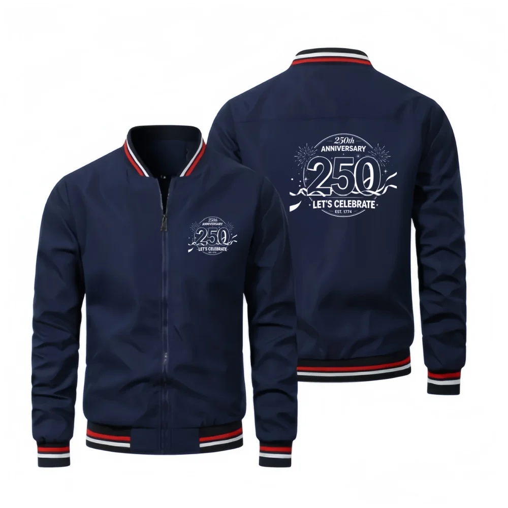  Men's 250th Anniversary Printed Baseball Jacket Long Sleeve Zip Up Casual Outerwear