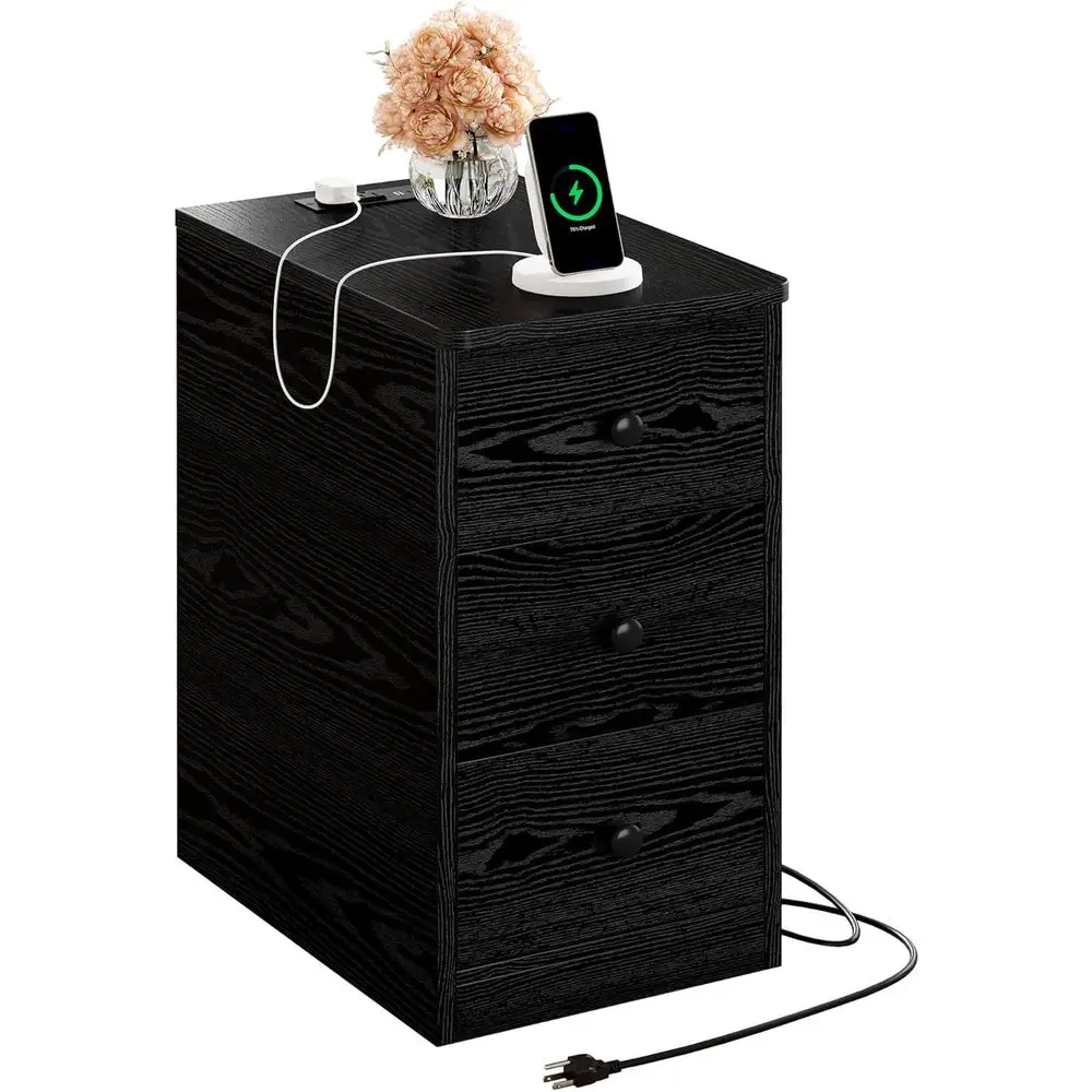 

Bedside Charging Station Nightstand, Slim 3-Drawer Bedside Table, Living Room/Bedroom Side Table with USB and Outlets
