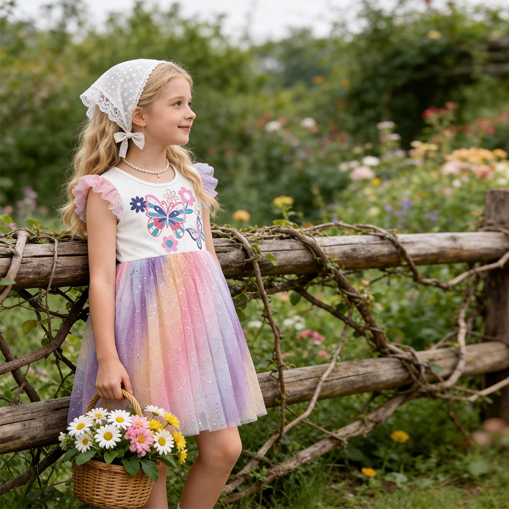 DXTON Summer Sleeveless Girls Holiday Costumes Cotton Toddler Baby Tulle Dresses Butterfly Floral Children Girls Casual Dress