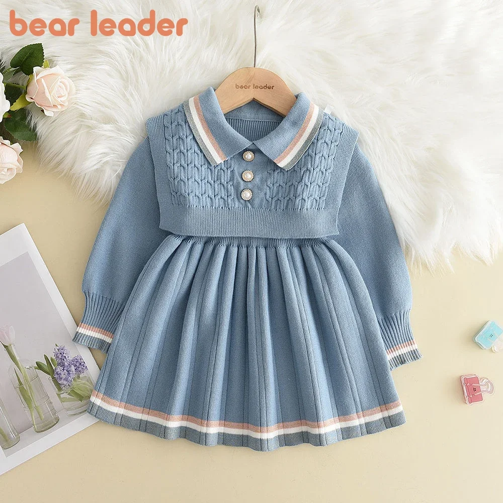 Bear Leader Autumn Winter Girls Sweater Long Sleeve Dress Vest Stripe Party Girl Baby Retro Knitted Wool Dress Casual Vestidos