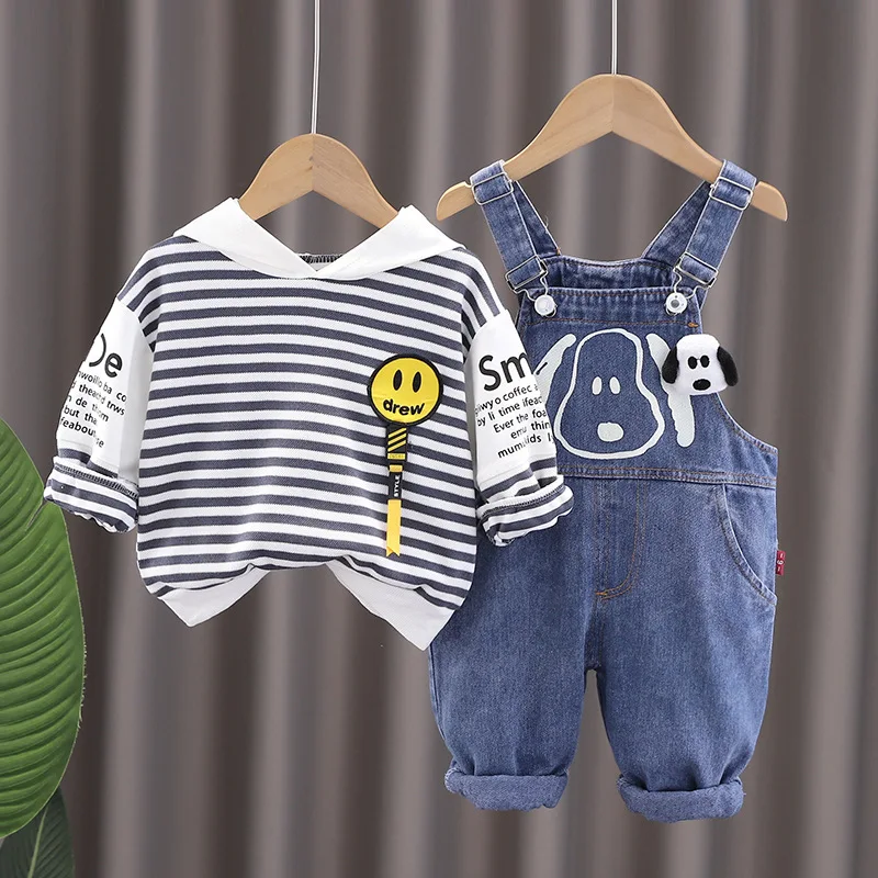 Toddler Boy Sets Outfits Baby Clothes for Girls Casual Striped Long Sleeve Hooded Hoodies and Denim Overalls Kids Tracksuits