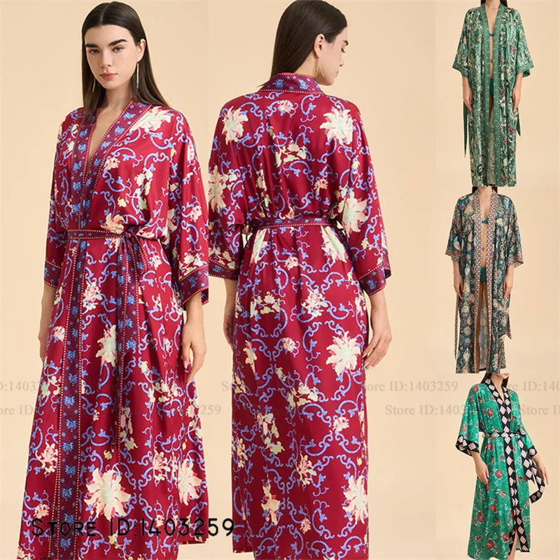 

New Female Long Robe Home Dress Print Flower Wedding Bathrobe Kimono Gown Gift Elegant Ice Silk Sleepwear Nightgown Loose Pajama