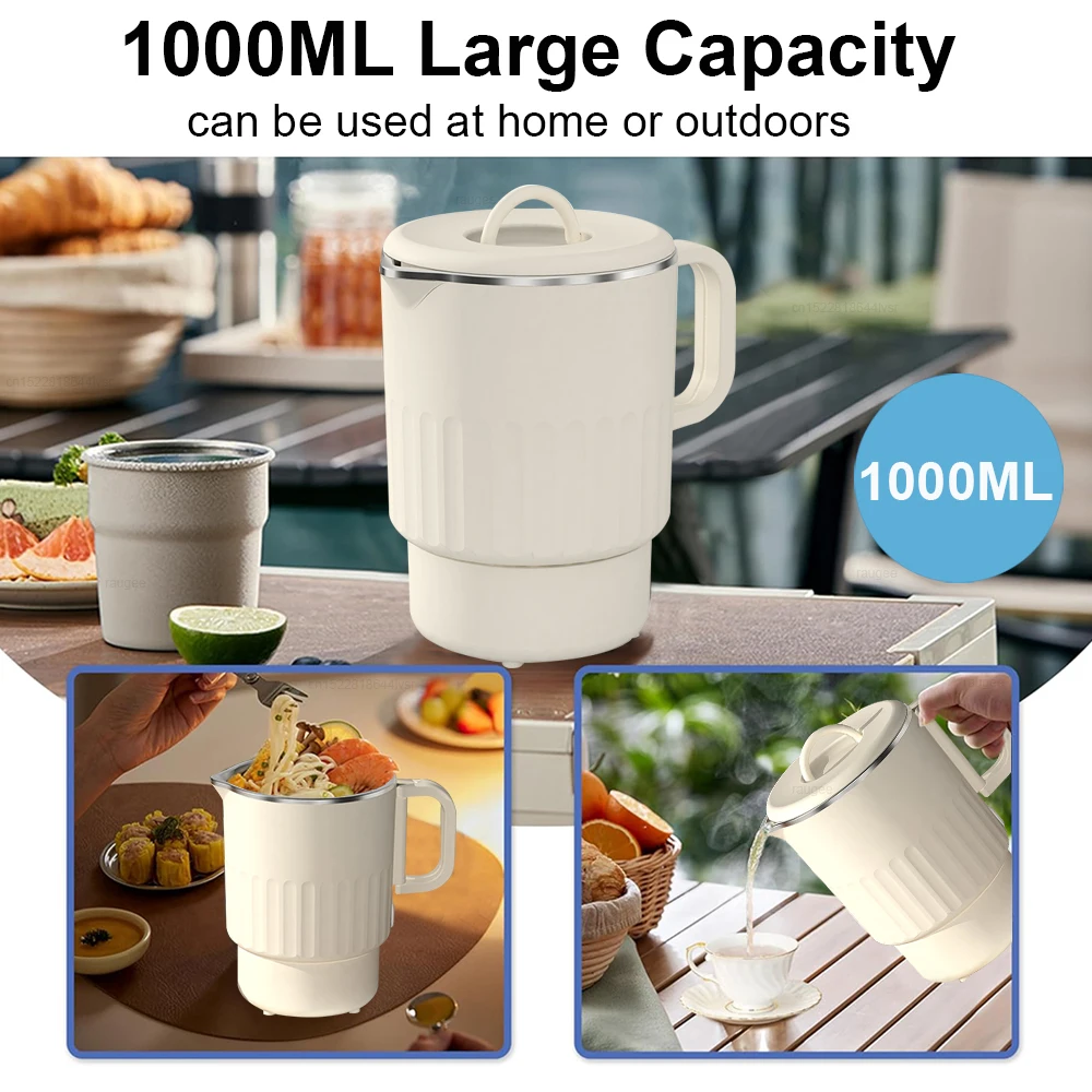 Electric Water Kettle Portable Mini Kettle with Steaming Rack 1000ml Large Capacity Stainless Steel Home Kitchen Office Travel