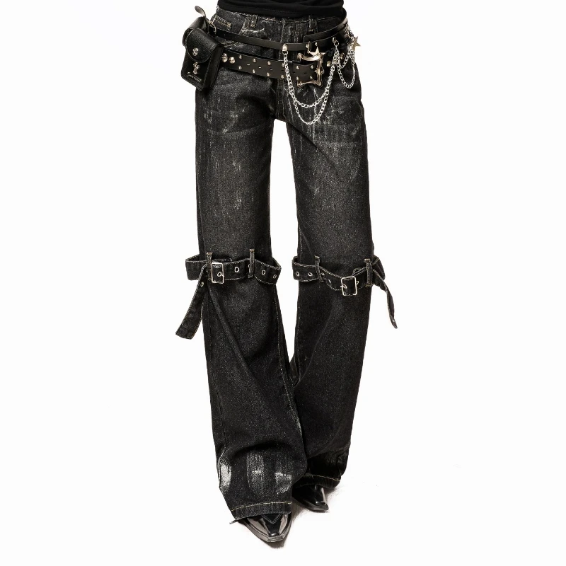 American Retro Design Women's Jeans 2025 Autumn New Subculture Punk Style Sweet Cool Hot Girl Wide-Leg Floor-Length Pants Ladies