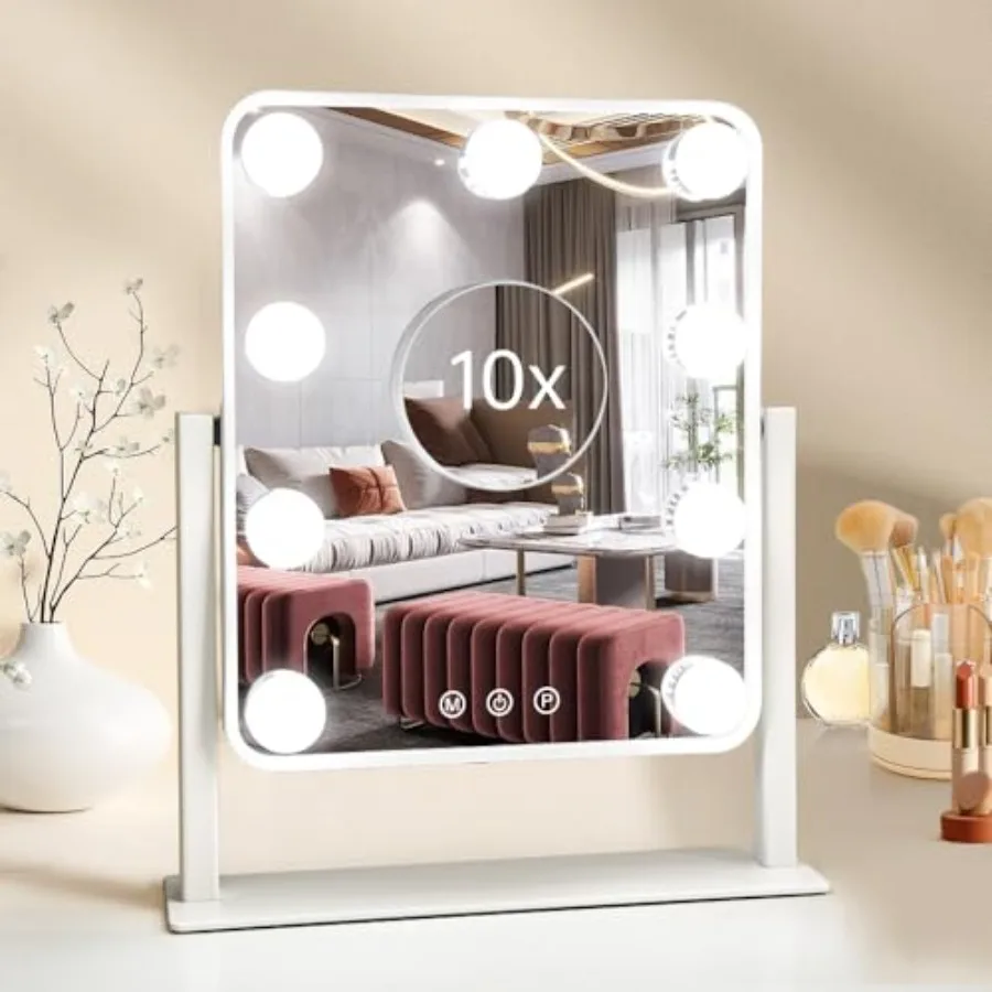 

Hollywood Vanity Mirror with Lights, Tabletop Makeup Mirror with 9 LED Lights Smart Touch Control 3 Colors Light 360Rotation De