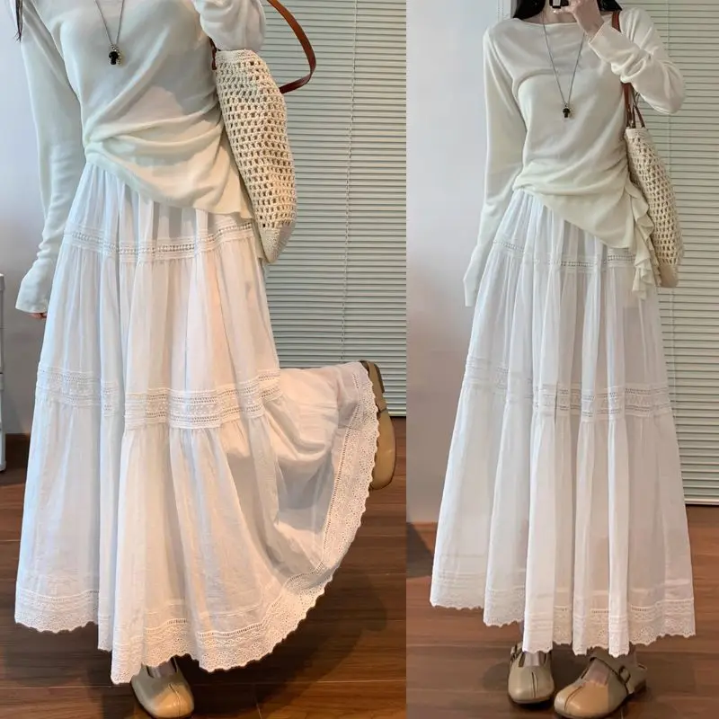 

Girl White Skirt Kawaii Summer New Model High Waist Long Dress Splice Tiered Skirt Big Swing Fashion Lace Skirt Dopamine Hot