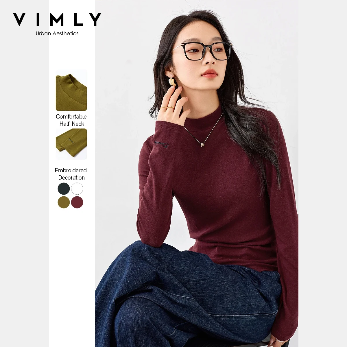 

VIMLY повседневные однотонные футболки с длинными рукавами, женские осенние простые футболки с полуводолазкой, облегающая женская одежда M8572