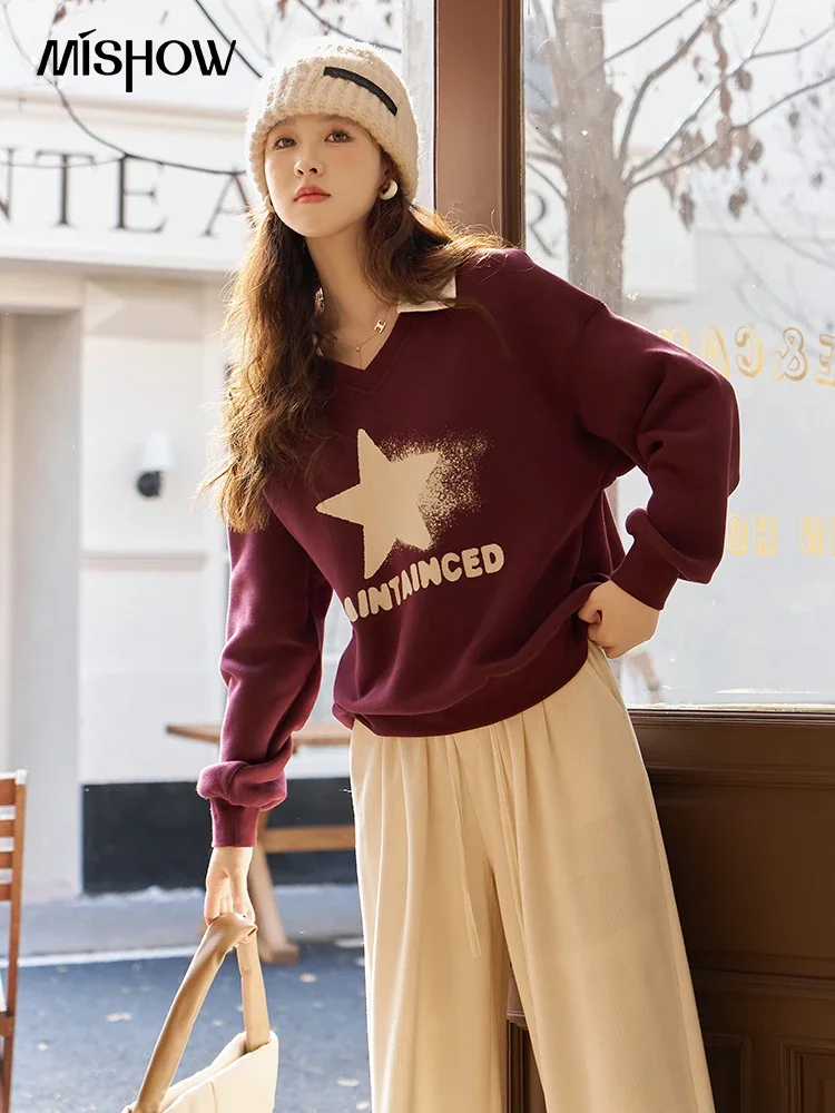 MISHOW Star Graphic Oversized Sweatshirt 2024 Autumn Winter Patchwork Loose POLO Collar Pullover Fake Two-piece Top MXC53V0042