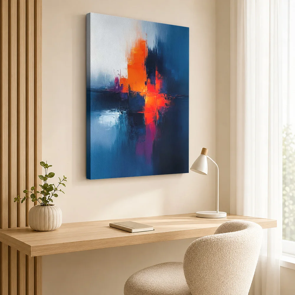 Orange And Blue Color Fields Canvas Print Personalized Photo Layered Abstract Composition Wall Art For Modern Apartment Lounge