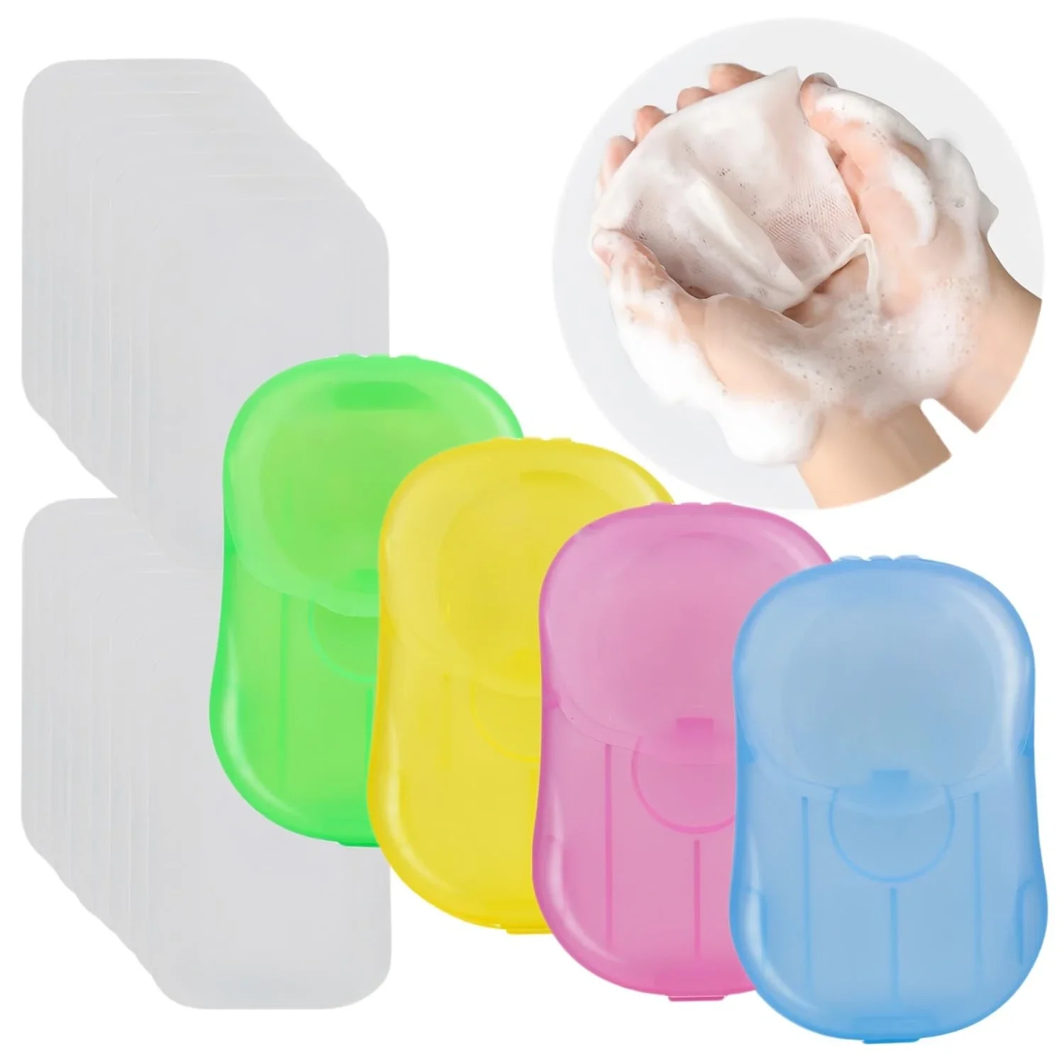 Mini cajas de jabón de viaje desechables portátiles, tiras de rebanadas de papel de limpieza para lavado de manos para la escuela, Camping y senderismo