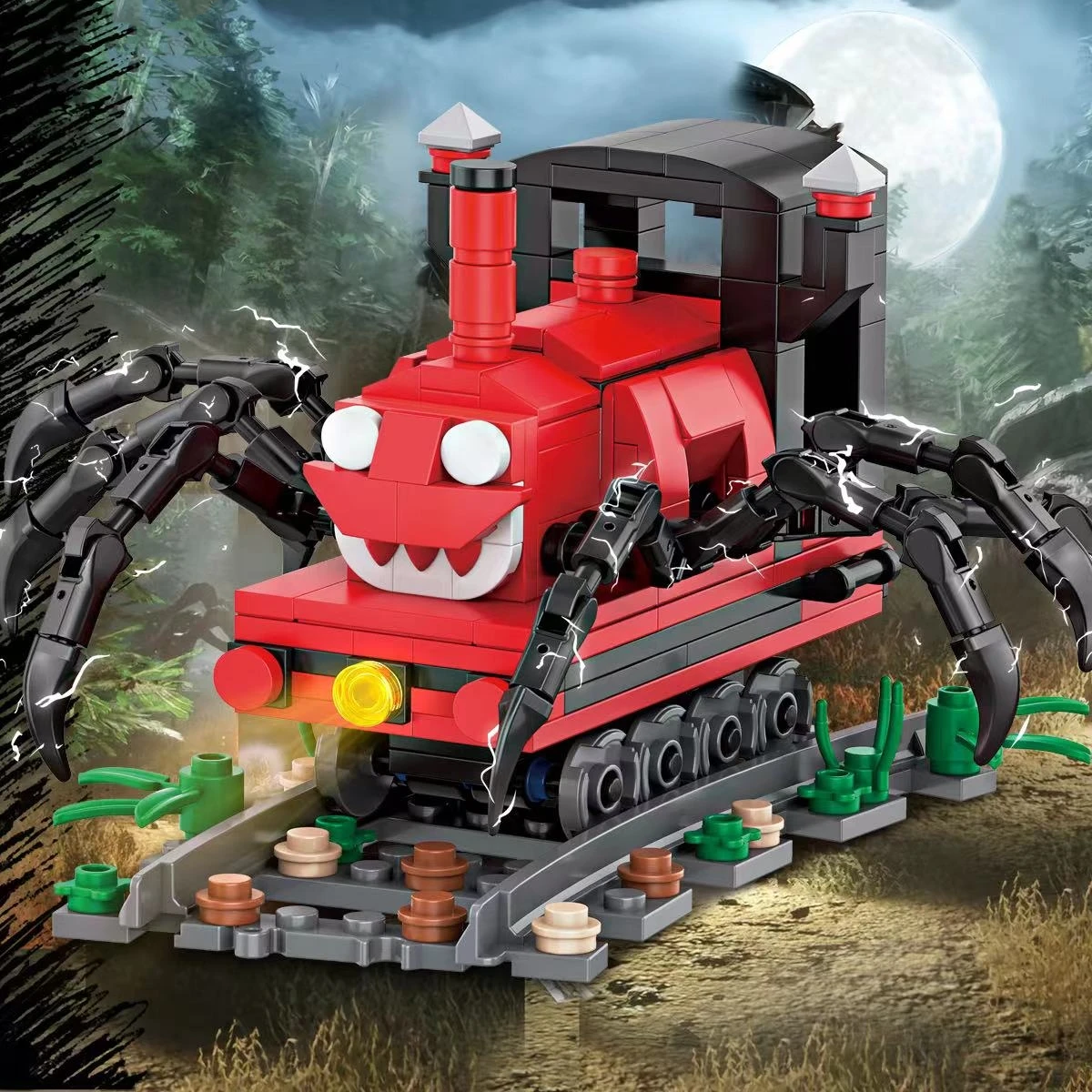 Choo-choo-Juego de dibujos animados para niños, bloques de construcción de Charles horror Moc, tren de araña, juego de animales, monstruo, trenes de vapor, juguetes de ladrillos