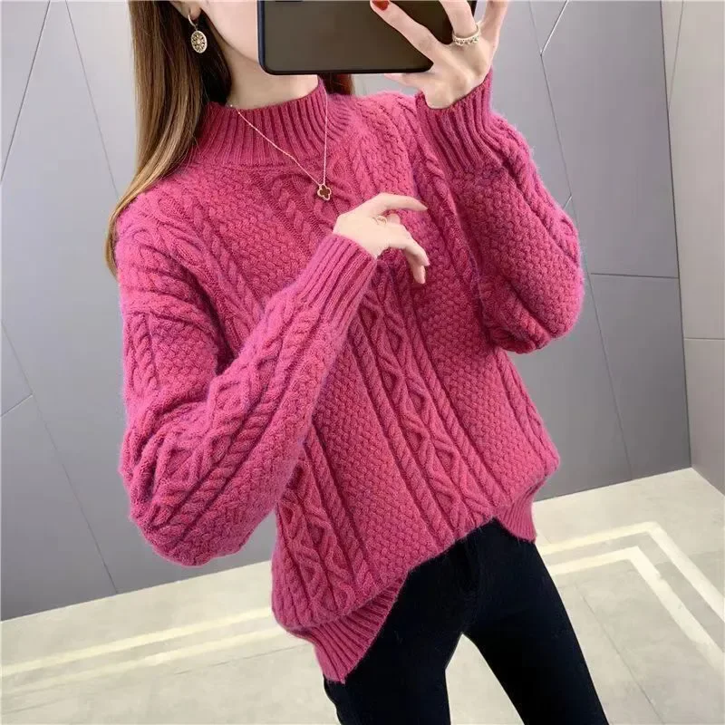 

2025 Autumn Winter New Knitted Base Shirt Women's Outer Wear Fashion Loose Warm Half High Neck Twist Pullover Sweater Coat Tops