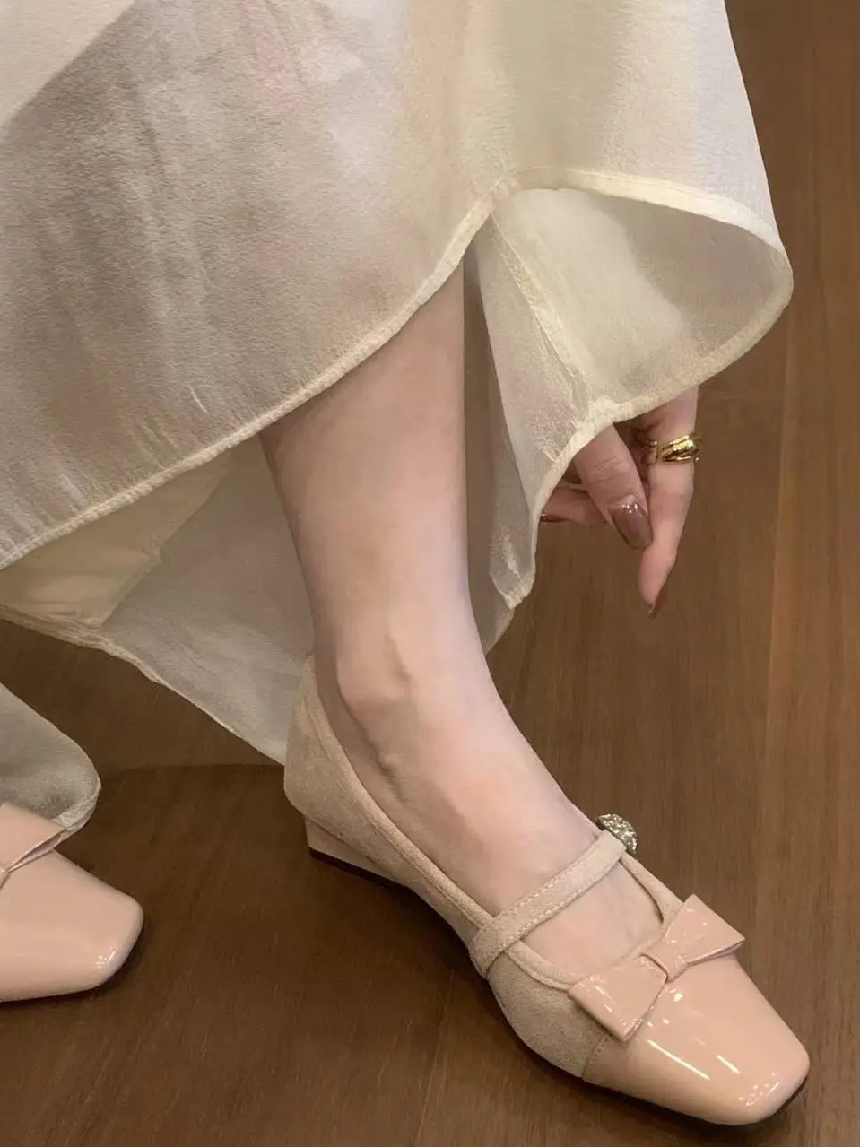 バレエフラットシューズ-レディース-チャンキーヒール-ストラップ-スクエアトゥ-バタフライノット-カジュアル-快適-おしゃれ-スリッポン-滑り止め-ラバーソール