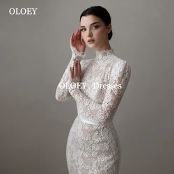 OLOEY Modest High Neck Lace Wedding Dresses Floor Length Mermaid Bride Gowns Full Sleeves Zip Button Back Sweep Train Customized