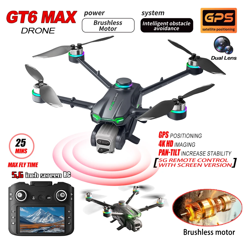 

2025 New GT6 Max Drone 8K Professional 5G GPS HD Dual Camera Photography 2KM Brushless Foldable Large Screen RC Quadcopter Toys