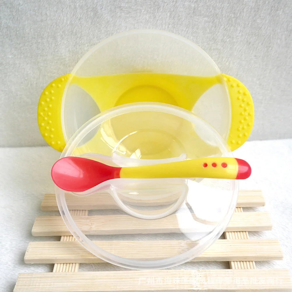 

Toddler Suction Bowl Set Yellow Lid Snap-in Spoon Safe Baby Tableware Independent Meal Training Suction Bowl Baby Tableware