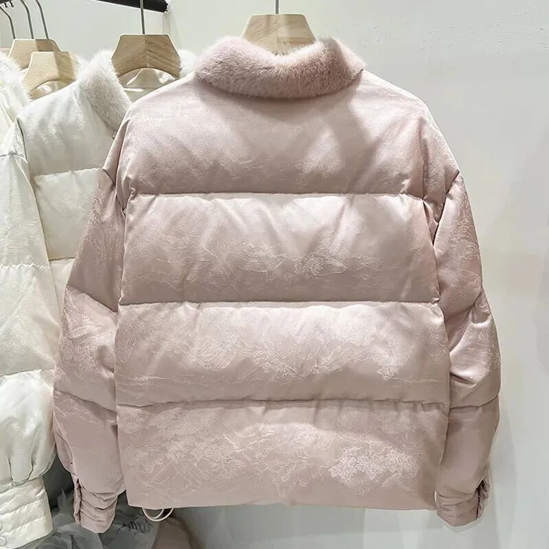 Katoenen winterjas voor dames, kort, pure kleur, opstaande kraag, patchwork, bloemenborduurwerk, dichtgeknoopt, verdikte normale mouw