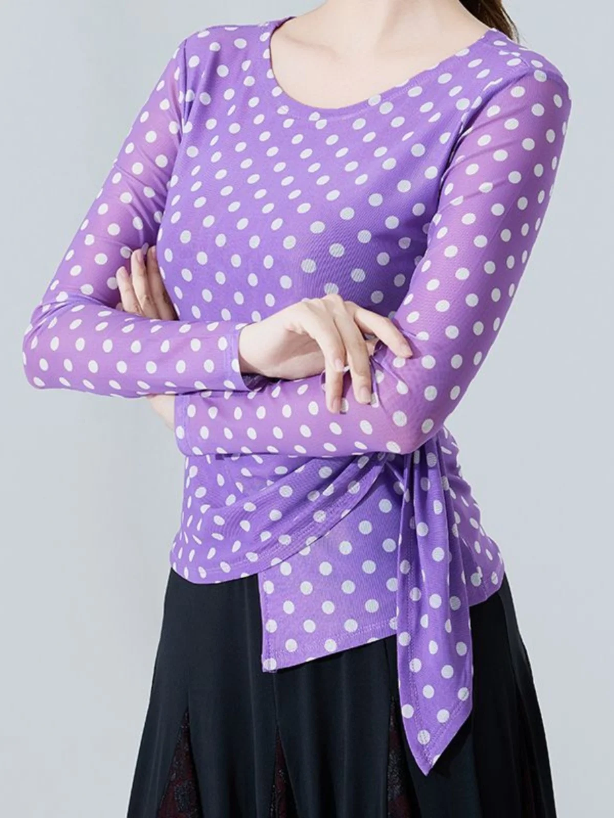 Odzież do tańca nowoczesnego, top damski, wyszczuplająca odzież taneczna, ubrania do tańca towarzyskiego, poliester, długi rękaw, okrągły dekolt.