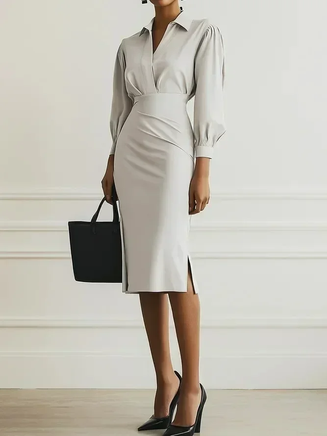 Damen Rüschenkleid mit V-Ausschnitt und Puffärmeln, Midi-Länge, Bleistiftschnitt, geraffte Taille, Schlitz, elegantes Bürokleid – Detail 7