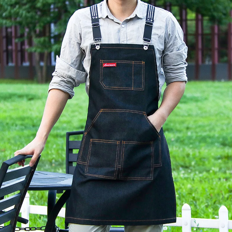 Nordic Fashion Denim Apron Kitchen Stain Resistant and Stain Resistant Restaurant Coffee Milk Tea Shop Creative Work Clothes