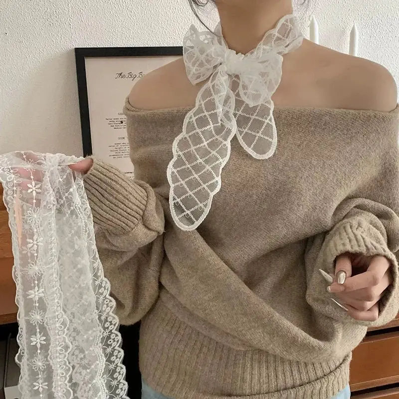 Pañuelo de encaje blanco de diseño exclusivo para mujer, pañuelo largo para primavera y verano, cinta para el pelo, lazo para el pelo, cinturón para pantalones, accesorios de moda