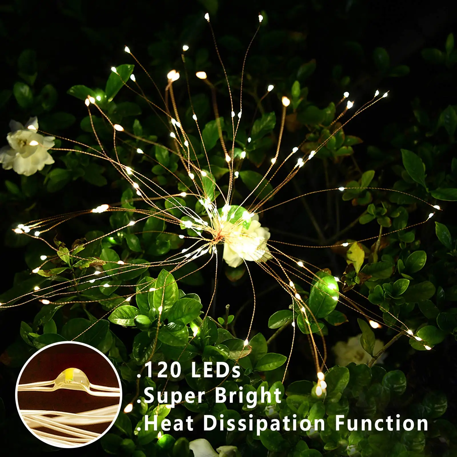 2Pcs Solar Firework Light Outdoor Solar Garden Decorative Lights 120 LED Powered Copper Wires String DIY Landscape Fairy Light