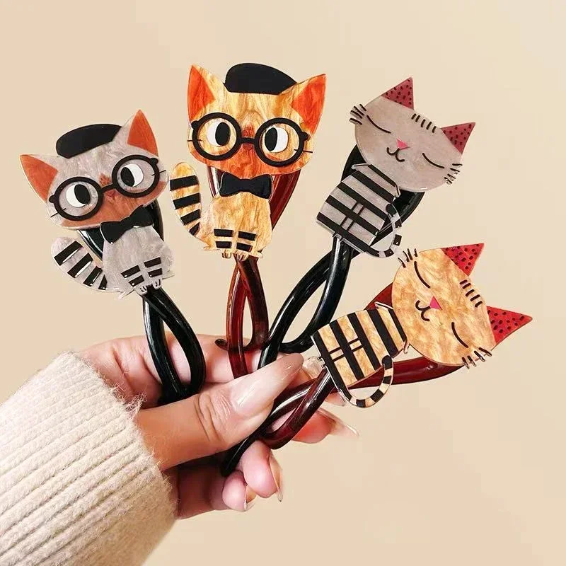 

Funny Cute Kitten Hairpin Acrylic Twist Clip Fashionable Girl Ponytail Back of The Head Hair Clip
