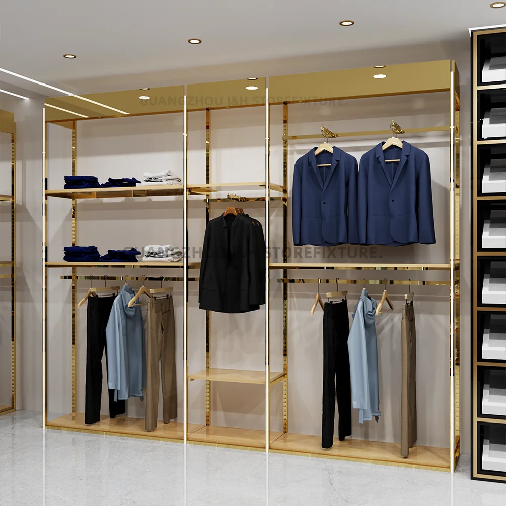 Custom.Custom .Custom.Stainless Steel Texture Clothes Shop Display Rack Custom Logo Metal Clothes Hanging Shelves Stand for Man