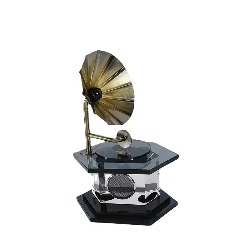 Vintage Crystal Glass Phonograph Model Retro Record Player Decoration for Living Room Entrance Desktop Home Ornament Gift