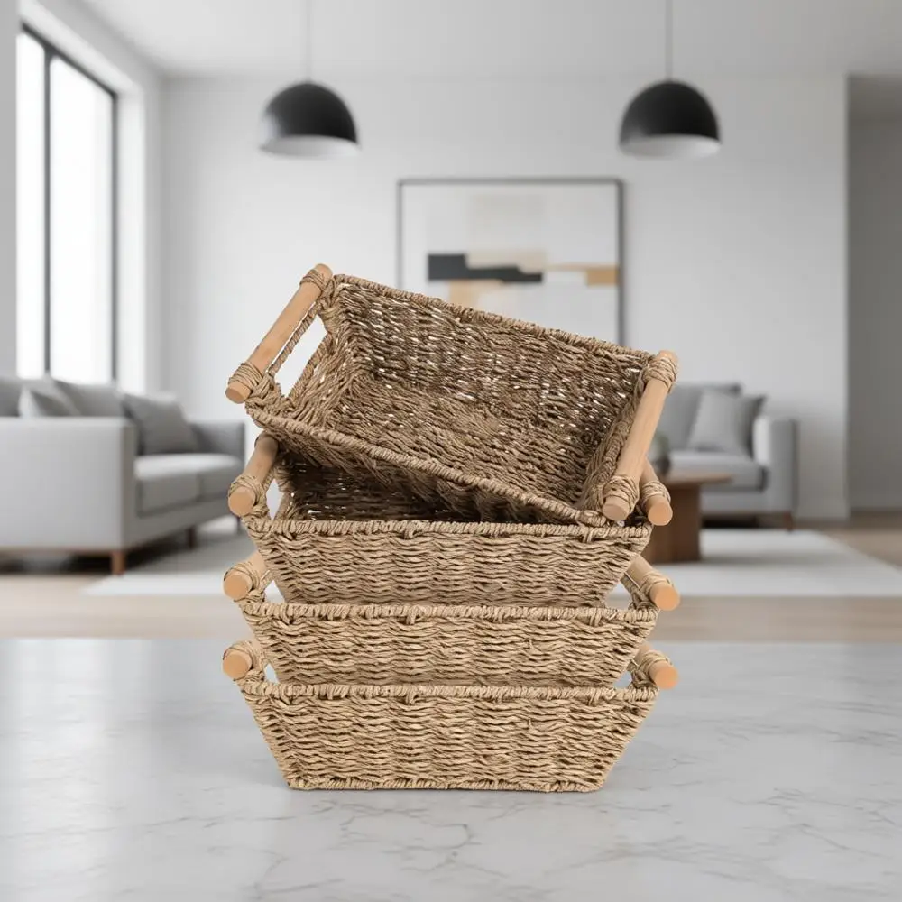 

4-Piece Wicker Storage Baskets with Handles for Organizing and Toilet Paper
