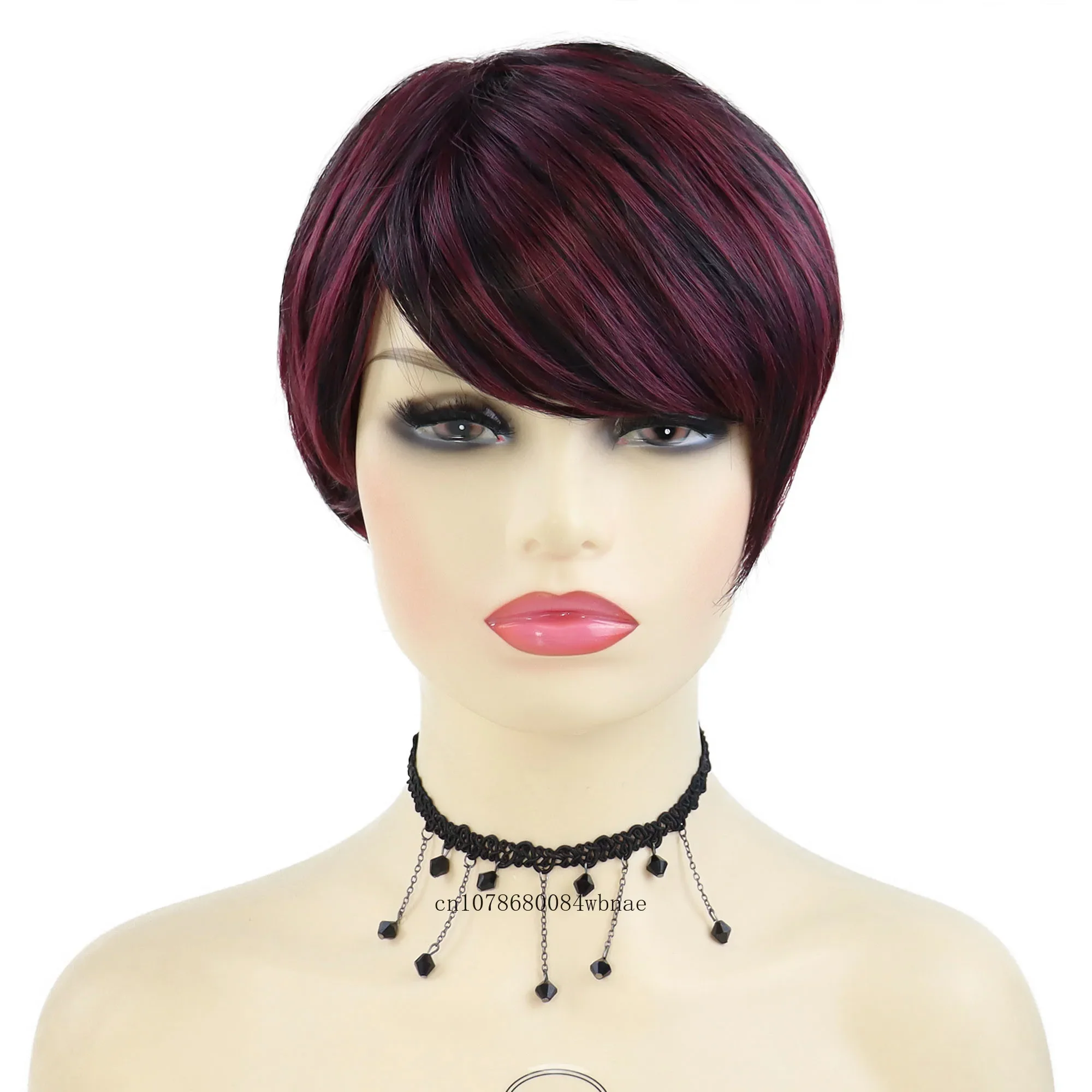 Synthetic Hair Pixie Cut Wigs Short Straight Mix Wine Red Color Wig with Side Bangs for Women Daily Party Cosplay Heat Resistant