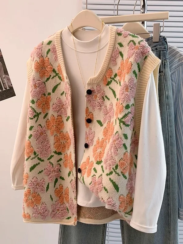 

plus Size Fce Lined Knitted Vest Women's Autumn Winter Faionable Loose Age Defng Versatile Beautiful Top