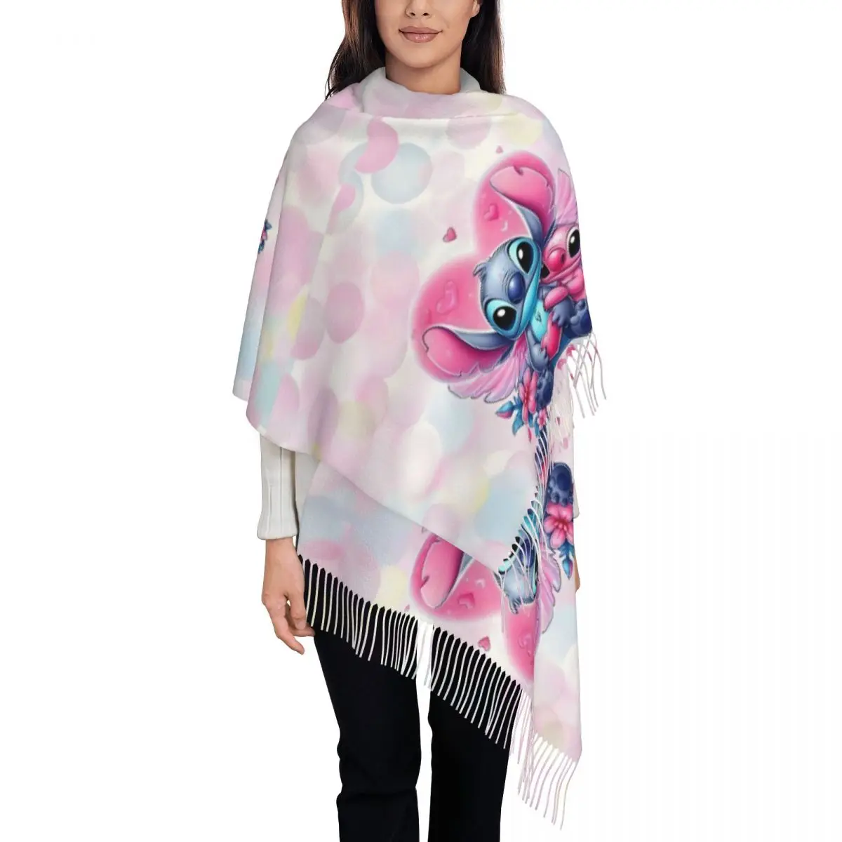 

Женские длинные аниме-шарфы Лило и Стич на заказ, женские зимне-осенние толстые теплые шаль с кисточками, милый шарф с героями мультфильмов