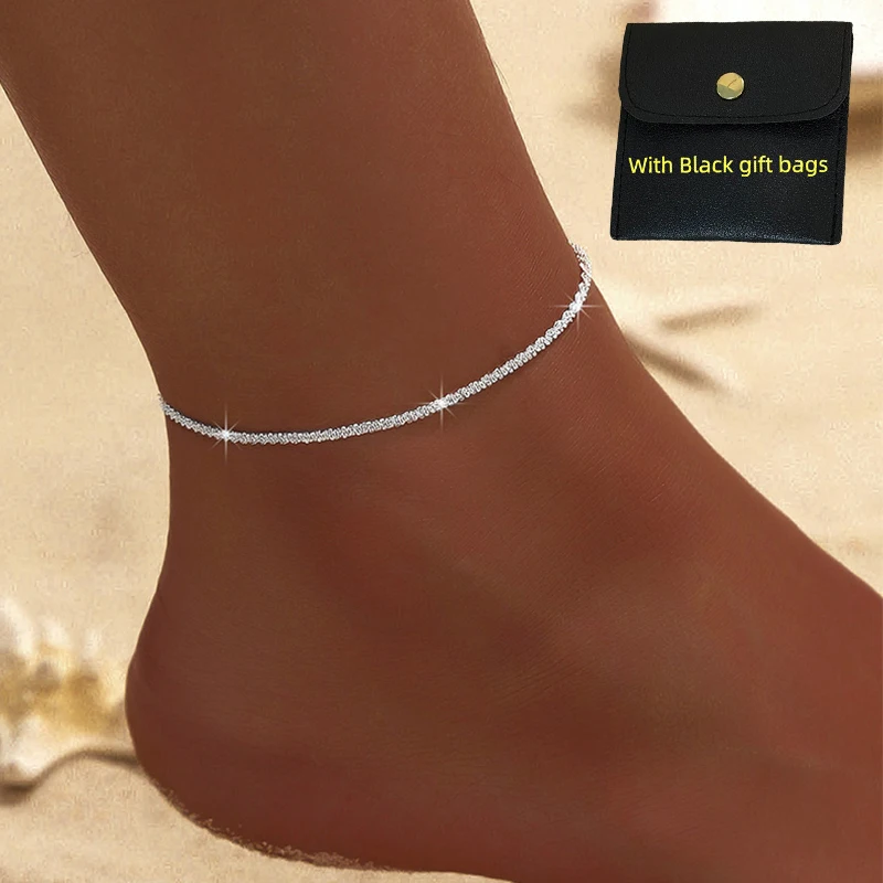 Sparkling Silver Color Twisted Chain Anklet Hypoallergenic Shiny Foot Bracelet Summer Beach Jewelry With Black Storage Pouch