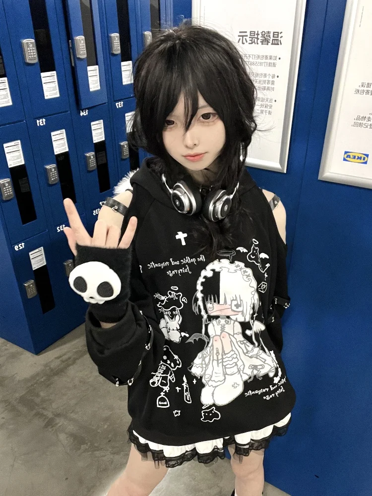 Original Japanese Subculture Black Off-the-shoulder Hooded Hoodies Autumn New 2025 Girl's Anime Print Kawaii Tops Y2k Pullover