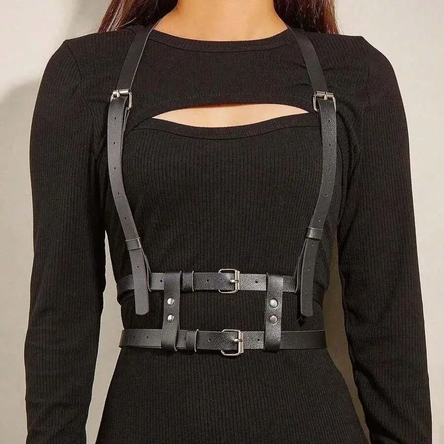 

Women Fashion Adjustable Harness Belt Gothic Harness Bondage lingerie chest harness Harness Pu Leather Studded Decor Harness