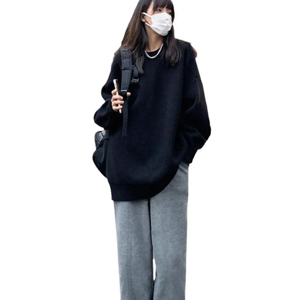 

Women's Chic Preppy Style Knitwear round Neck Pullover Long-Sleeved Loose Fit Autumn Winter Lazy Trend Cool Bottoming Top