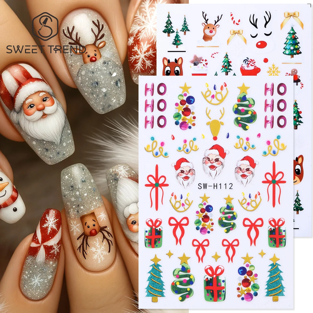 2pcs Christmas Series Nail Stickers Cute Santa Claus Reindeer Xmas Tree Gift Bow Adhesive Decals Adorable Winter Manicure Decor