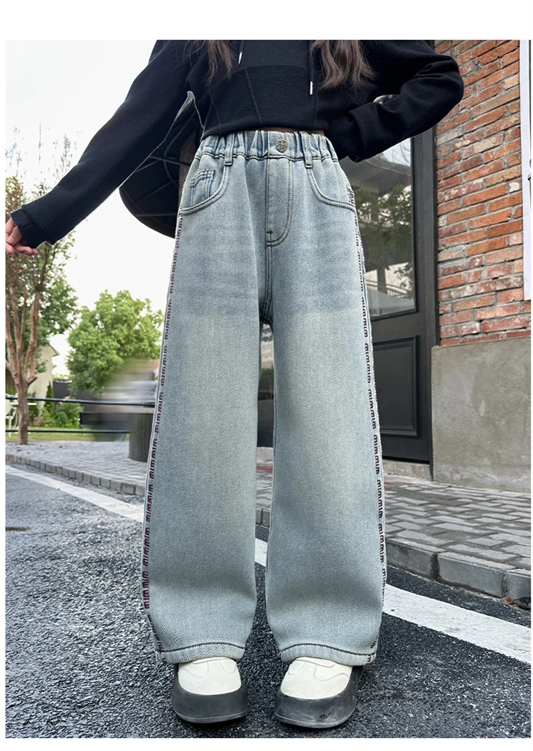 Winter-Thermo-Jeanshosen für Mädchen, lässiger Stil, gerade geschnitten, locker, dick, mit Fleece gefüttert, warme Denim-Hosen für Kinder. – Detail 5