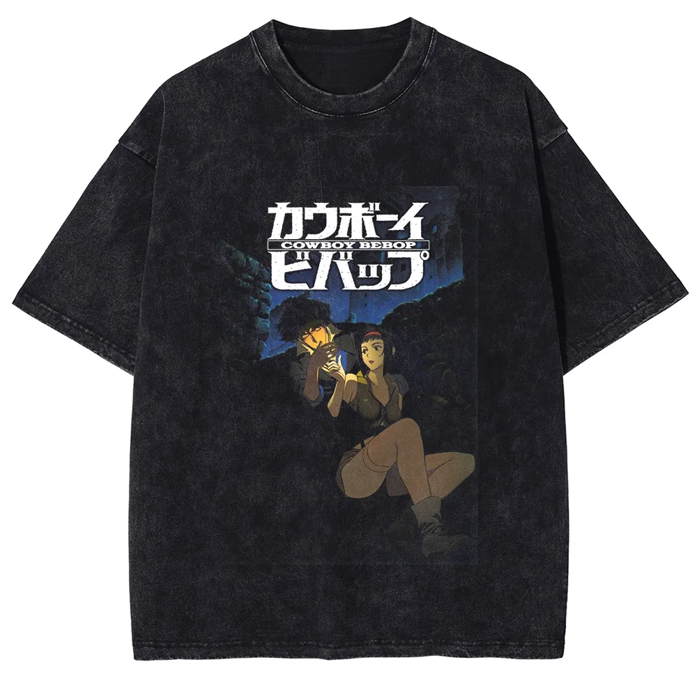Hot Anime Cowboy Bebop Spike Spiegel Faye Valentine Printing Tshirt Men Manga Washed T-shirts Harajuku Male Cotton T Shirt