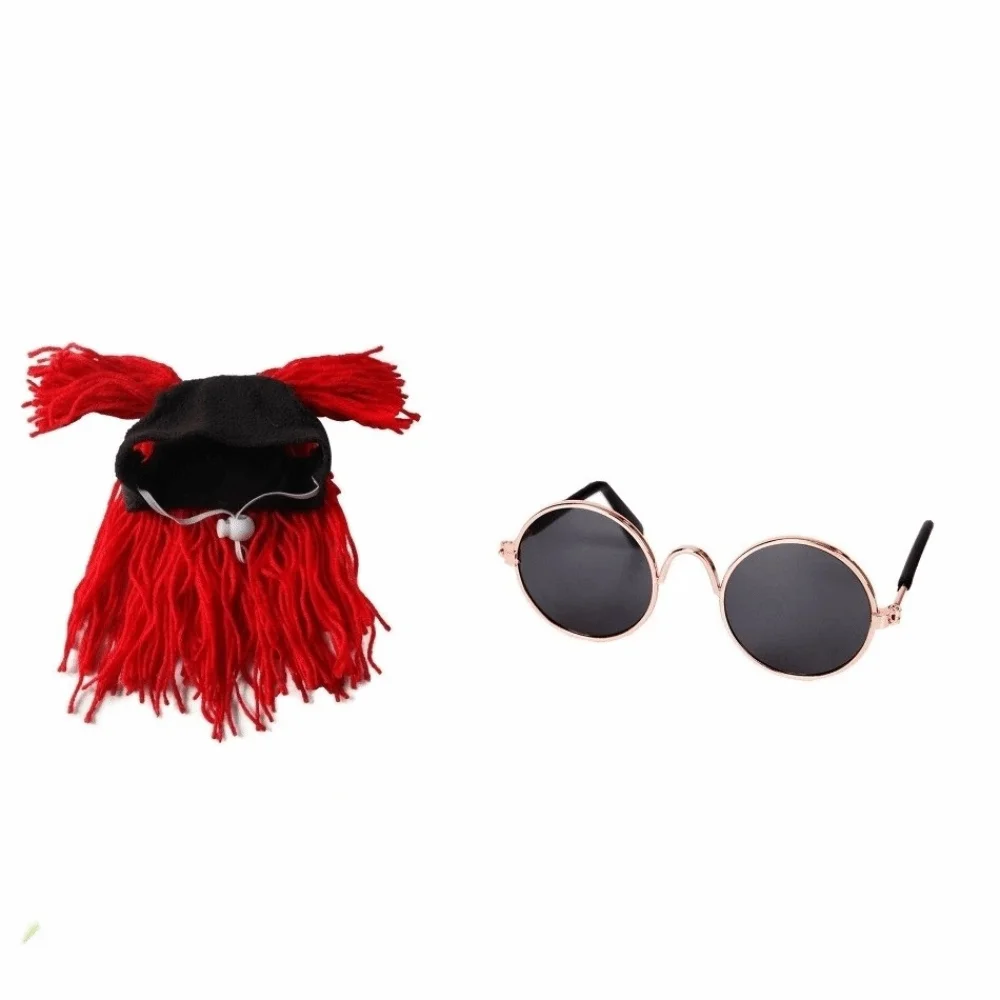 

Rock Roll Style Pet Leaky Ear Cap Wig Cap Retro Round Glasses Pet Cosplay Headwear Decorative Pet Yarn Cap Party Costume