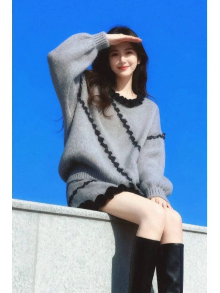 Doce preguiçoso sle camisola de malha feminina e saia ort conjunto de duas peças casual confortável ajuste outono inverno faion ensemble