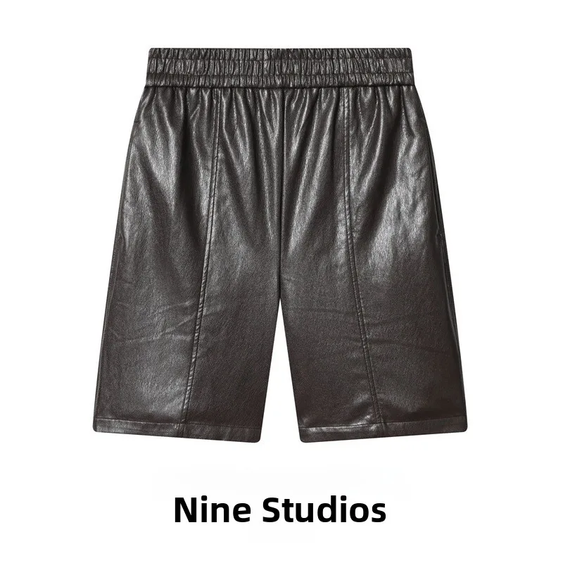 

Повседневные брюки из искусственной кожи с высокой талией и эластичной резинкой на талии, брюки пять четвертей, прямые брюки для женщин, зимняя коллекция...