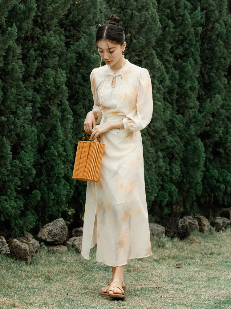 

OLrain Autumn Dress Ladies 2025 French Style Elegant Printing Long Dresses Hollow Lace-Up Waist Slit Dress Female O24XL90335